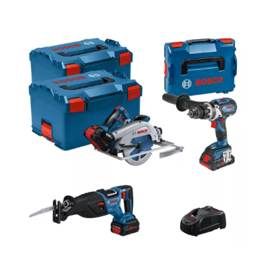 Conjunto de ferramentas eléctricas Bosch em azul e vermelho com caixa de transporte azul.