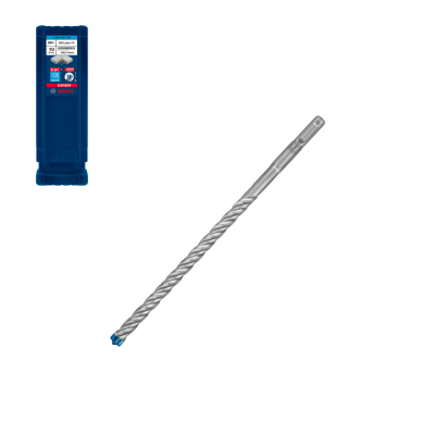 Broca metálica cinzenta com ponta azul e embalagem azul da Bosch