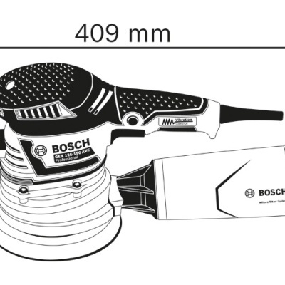 Lixadora elétrica Bosch PEX 400 AE com saco coletor e medidas indicadas