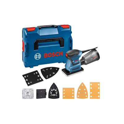 Conjunto de lixadora elétrica Bosch com acessórios e caixa azul