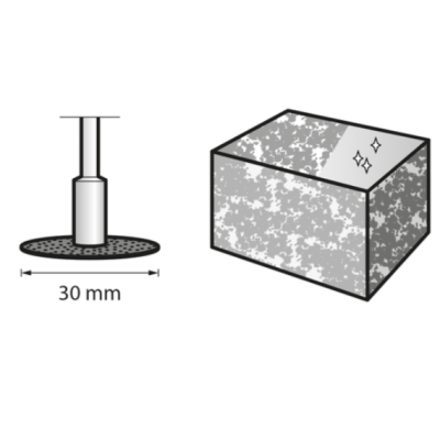 Objeto metálico com base redonda perfurada e bloco cinzento texturizado