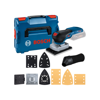 Conjunto de lixadora Bosch com estojo, bases e lixas variadas.