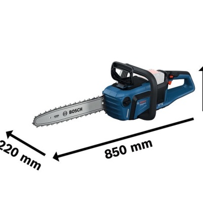 Serra elétrica Bosch azul e preta com lâmina e dimensões indicadas