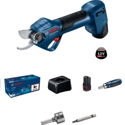 Conjunto de podador elétrico azul e preto Bosch com acessórios e embalagem.