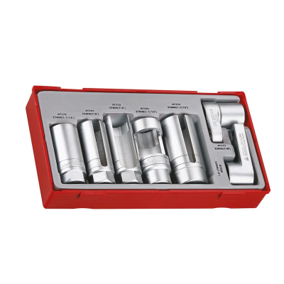 jogo de soquetes metálicos prateados em caixa vermelha