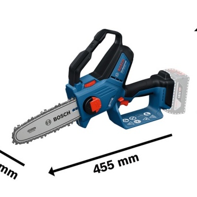 Serra elétrica portátil BOSCH azul e preta com medida em milímetros