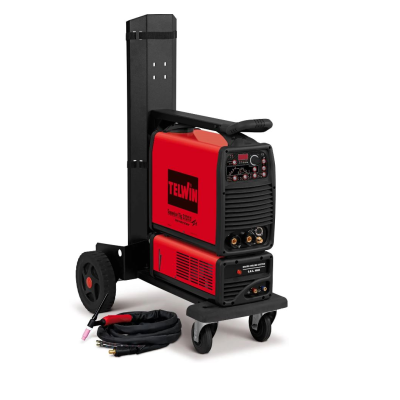 Máquina de soldar TELWIN vermelha e preta com carrinho e cabos