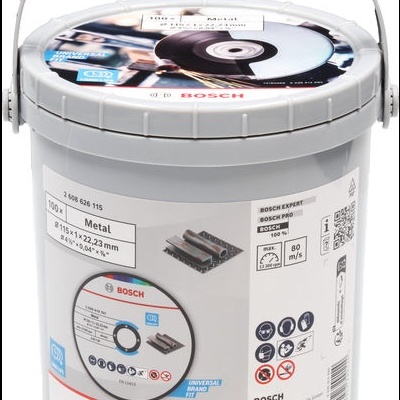 Balde cinzento com discos de corte Bosch para metal e pega