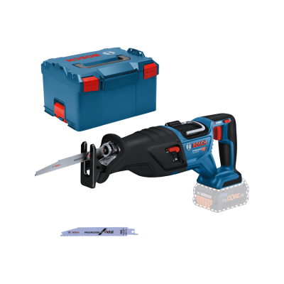 Serra sabre Bosch com lâminas e caixa de ferramentas.