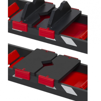 Acessórios ajustáveis pretos e vermelhos com base preta e detalhes prateados