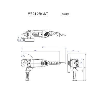 Desenho técnico de ferramenta elétrica com medidas e texto WE 24-230 MVT