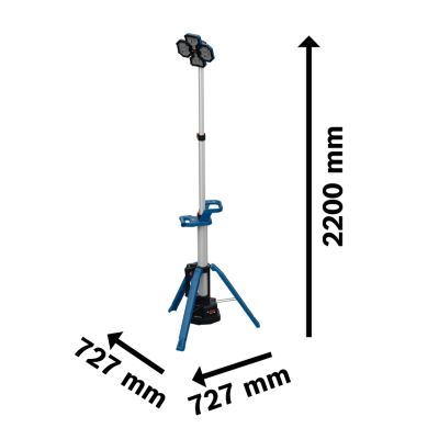 Tripé iluminador azul e prata com luzes hexagonais no topo e dimensões indicadas