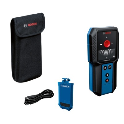 Localizador Bosch profissional azul e preto com acessórios e estojo preto.