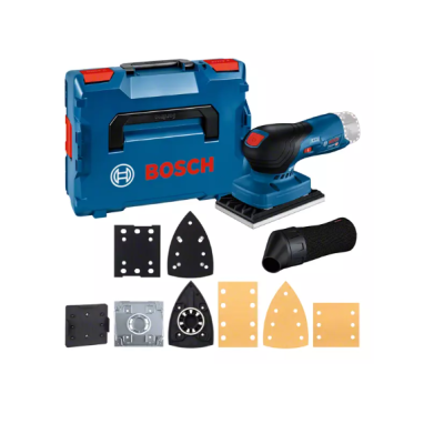 Lixadora Bosch azul com mala de transporte e acessórios.