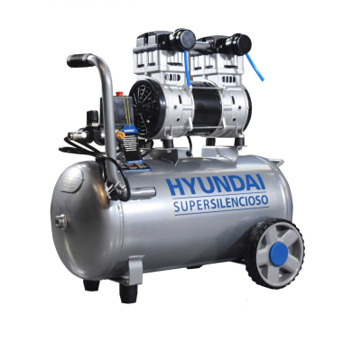 Compressor de ar portátil cinza metálico com rodas e texto HYUNDAI SUPERSILENCIOSO