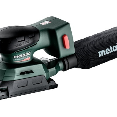 Lixadora elétrica Metabo verde e preta com saco de pó preto