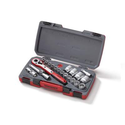 Conjunto de chaves de caixa num estojo aberto cinzento e vermelho