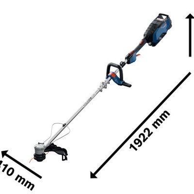 aparatador de relva azul e preto com medidas indicadas
