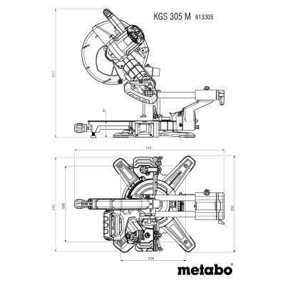 Desenho técnico de serra de esquadria Metabo KGS 305 M com medidas