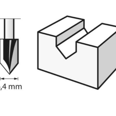 Ilustração técnica ferramenta de corte e bloco com entalhe de 6,4 mm