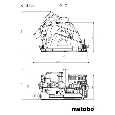 Desenho técnico a preto e branco de ferramenta Metabo KT 66 BL com medidas.