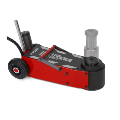 Macaco hidráulico vermelho e preto com alavanca e rodas