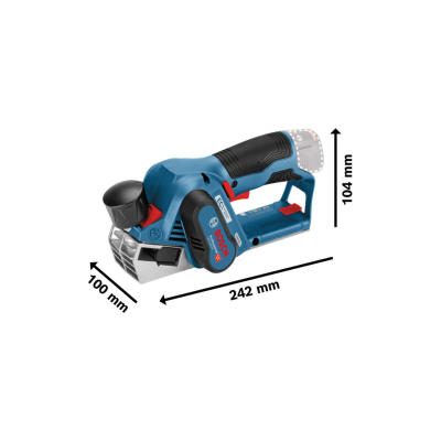 Aparelho elétrico Bosch GHO 12V-20 azul, preto e vermelho com dimensões indicadas
