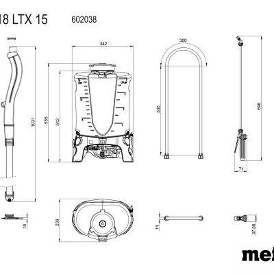Desenho técnico de equipamento Metabo com várias vistas e medidas.