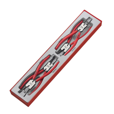 Conjunto de quatro alicates com cabos vermelhos em embalagem branca e vermelha