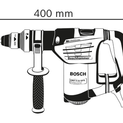 Imagem de martelo perfurador Bosch preto e branco com punho adicional e texto visível.