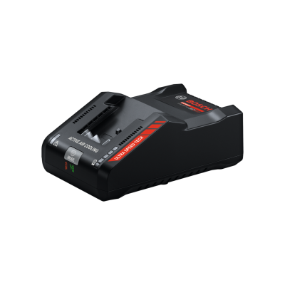 Carregador preto Bosch com detalhes vermelhos e cinza