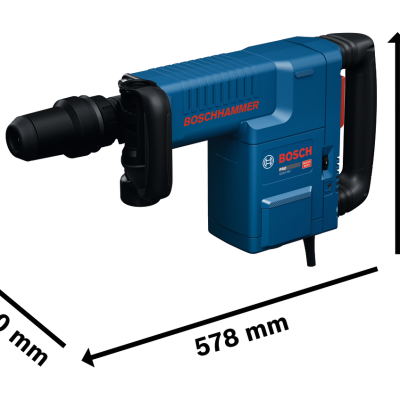 Martelo perfurador Bosch Hammer azul com detalhes pretos e vermelhos e medição dimensional