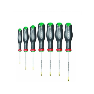 Sete chaves de fendas com cabos pretos e verdes, marca FACOM