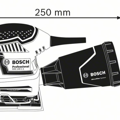 Imagem técnica da lixadora Bosch Professional SDS 140-1 A com dimensões e coletor de pó