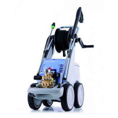 Máquina de lavar de alta pressão azul e cinzenta com mangueira e rodas negras