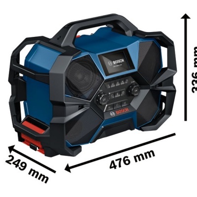 Rádio portátil BOSCH azul e preto com visor digital e botões centrais