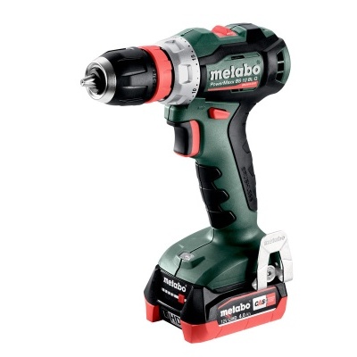 Parafusadora sem fios Metabo verde, preto e vermelho com bateria recarregável