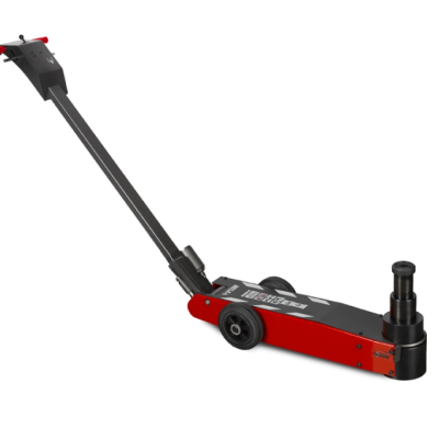 Macaco hidráulico de chão metálico vermelho e preto com rodas e pega