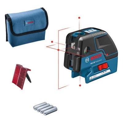 Nivelador laser Bosch azul e preto, pilhas, suporte vermelho e bolsa azul