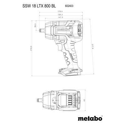 Desenho técnico em preto e branco de chave de impacto Metabo com medidas