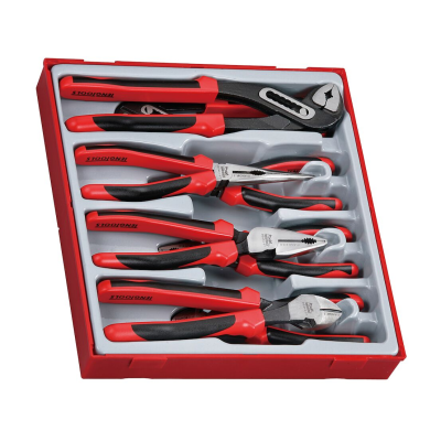 Conjunto de cinco ferramentas com cabos vermelhos e pretos em embalagem vermelha e branca