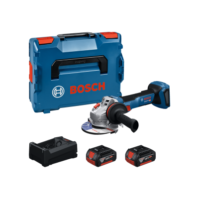 Conjunto ferramenta máquina de ângulo Bosch com acessórios e mala azul.
