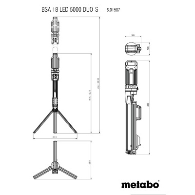 Desenho técnico de tripé metálico com medidas e texto BSA 18 LED 5000 DUO-S