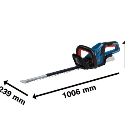 Tesoura de sebe elétrica azul e preta com lâmina metálica e medidas