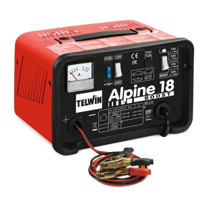 Carregador de baterias TELWIN Alpine 18 BOOST vermelho e preto com cabos e garras