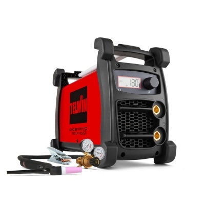 Máquina de soldar vermelha e preta com visor digital e acessórios