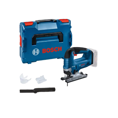 Conjunto serra vaivém Bosch azul preto com caixa e acessórios, fundo branco