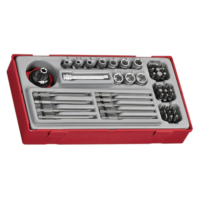 Conjunto de ferramentas com várias soquetes, extensões e bits em caixa vermelha