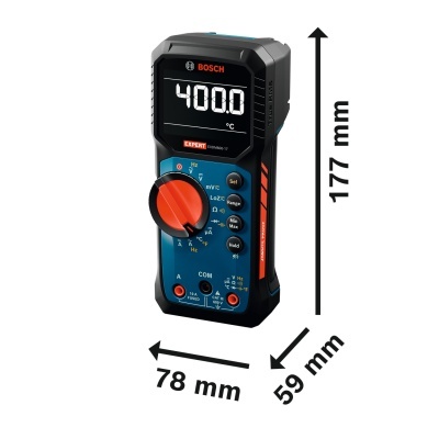 Multímetro digital Bosch EXPERT EXDM600-17 em azul e preto com visor digital e seletor vermelho