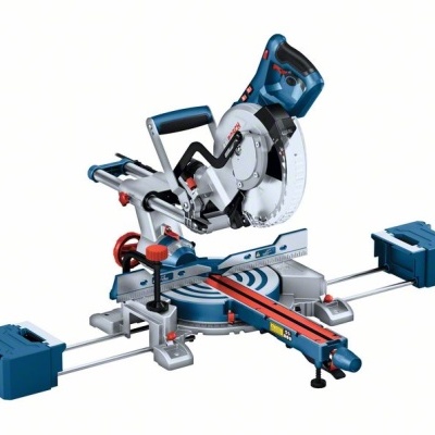 Serra de esquadria portátil azul e prateada com lâmina circular e pesos azuis